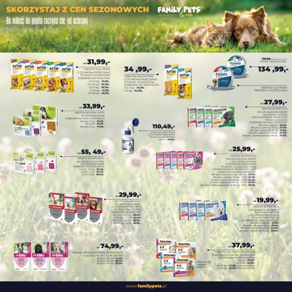 Produkty dla zwierząt na tle trawy, różne marki i ceny.