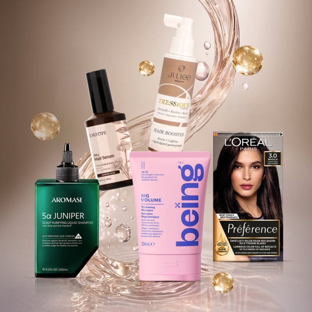 Produkty do pielęgnacji włosów na tle z bąbelkami.