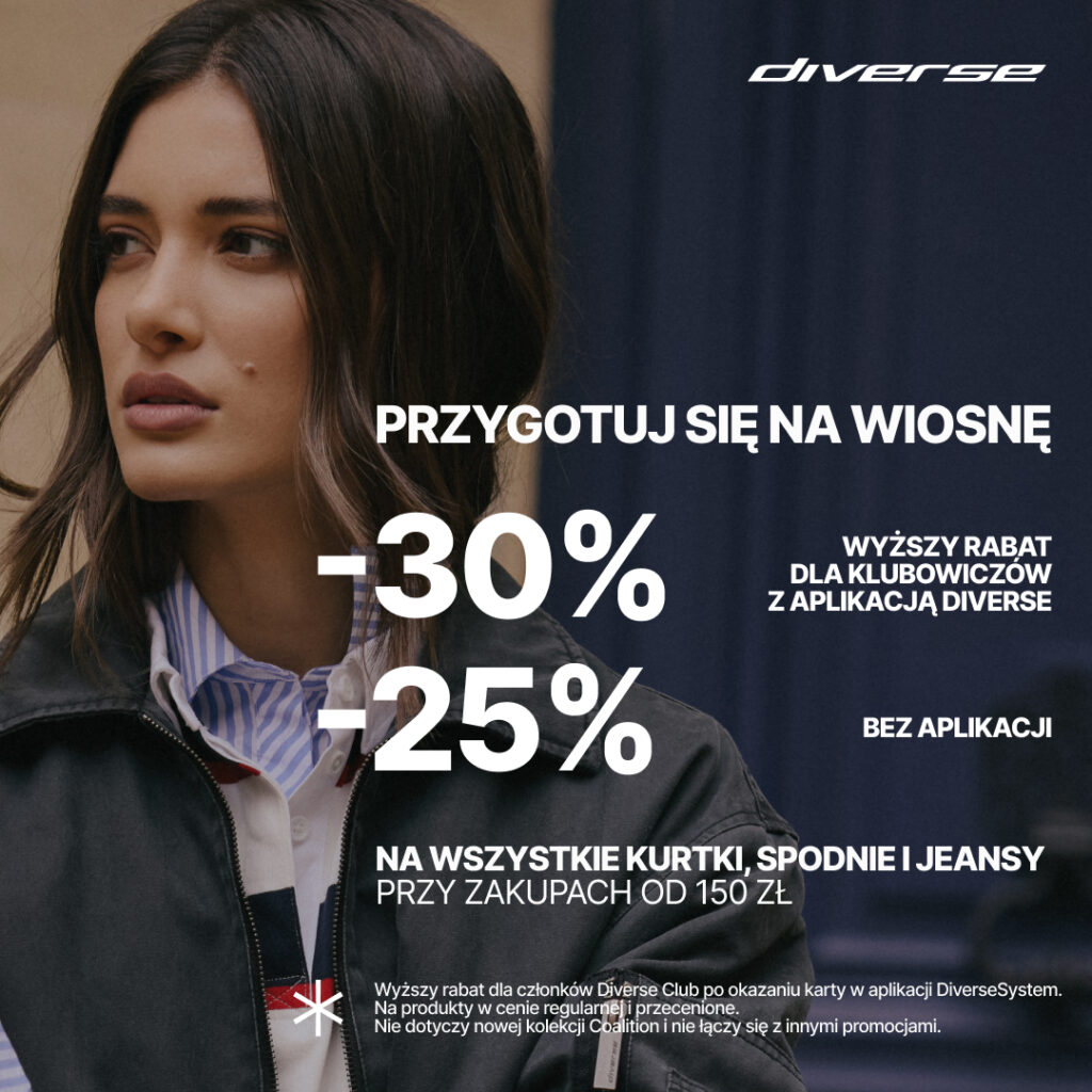 Kobieta w kurtce, promocja wiosenna Diverse, zniżki do 30%.
