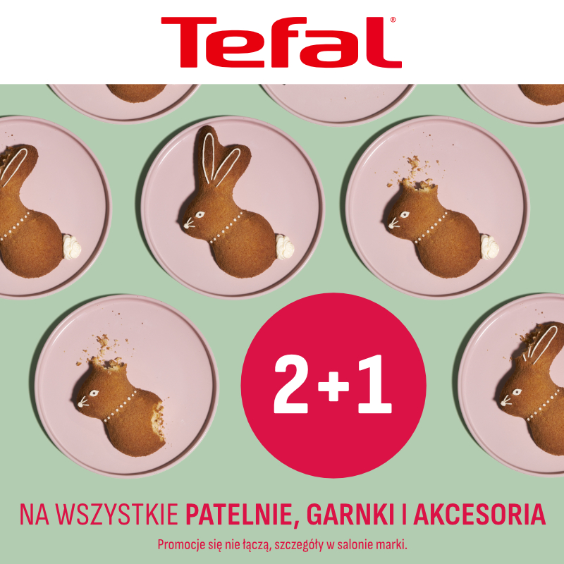 Promocja Tefal: patelnie z motywem królików na różowych talerzach.