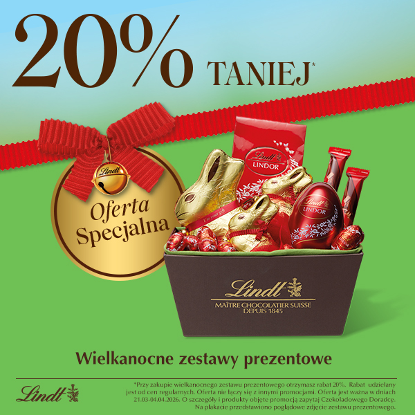 Zestaw wielkanocny Lindt z czekoladowymi królikami i jajkami.