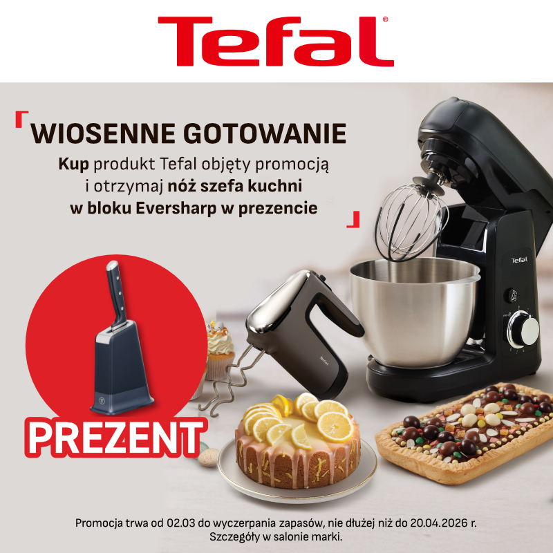 Robot kuchenny Tefal z ciastem i nożem w bloku Eversharp.