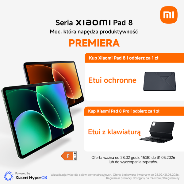 Promocja Xiaomi Pad 8 z etui ochronnym i klawiaturą.
