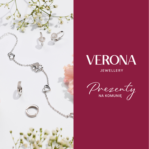 Biżuteria komunijna z sercami i kwiatami.