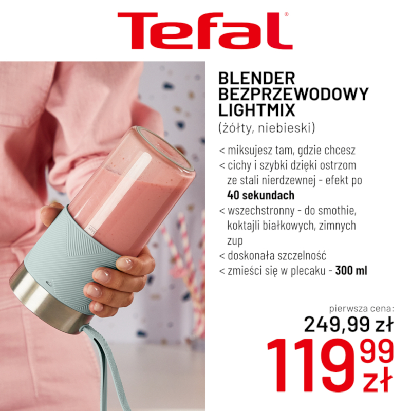 Bezprzewodowy blender Tefal z różowym smoothie.