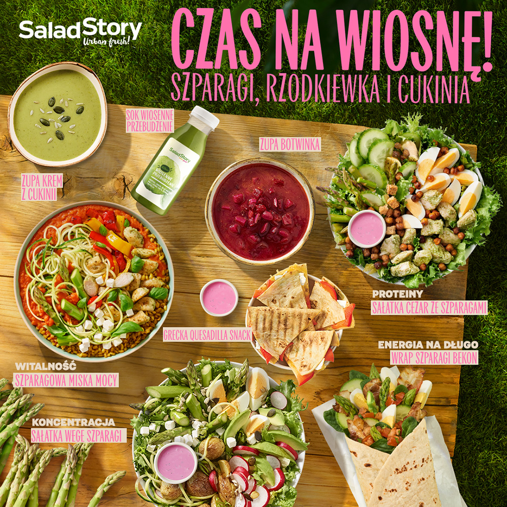 Kolorowe sałatki i zupy na wiosnę z różnymi składnikami.