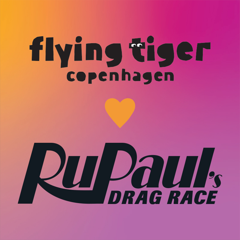 Logo Flying Tiger Copenhagen i RuPaul's Drag Race na kolorowym tle.