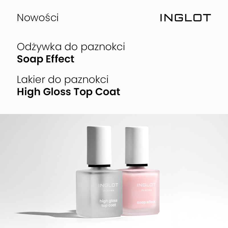 Dwa produkty do paznokci Inglot: odżywka Soap Effect i lakier High Gloss Top Coat.