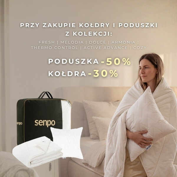 Kobieta z kołdrą i poduszką, promocja w Centrum Riviera.
