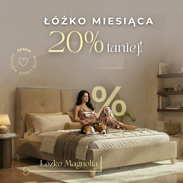 Promocja na łóżko Magnolia, kobieta i pies na łóżku.