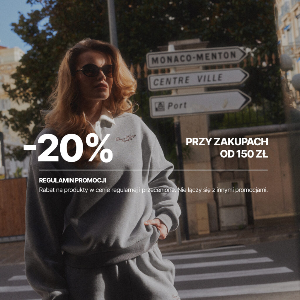 Kobieta w modnej odzieży na tle znaków drogowych, promocja -20%.