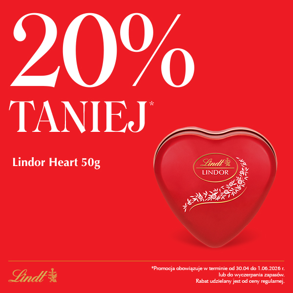 Czerwone pudełko w kształcie serca Lindt z promocją 20% taniej.