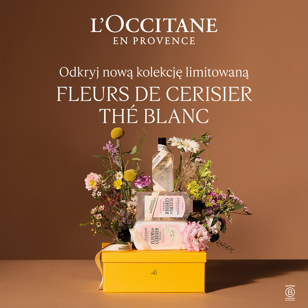 Produkty L'Occitane z kolekcji kwiatowej na tle z kwiatami.
