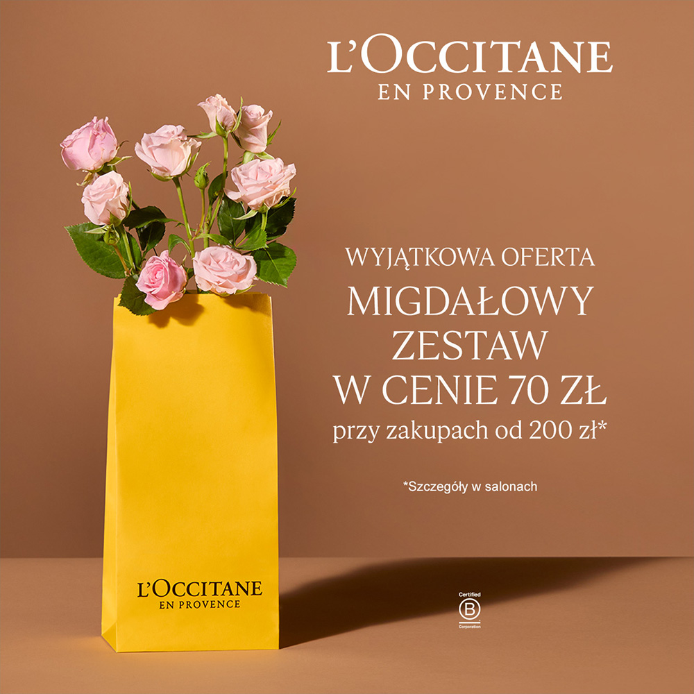 Żółta torba L'Occitane z różami, oferta migdałowa.