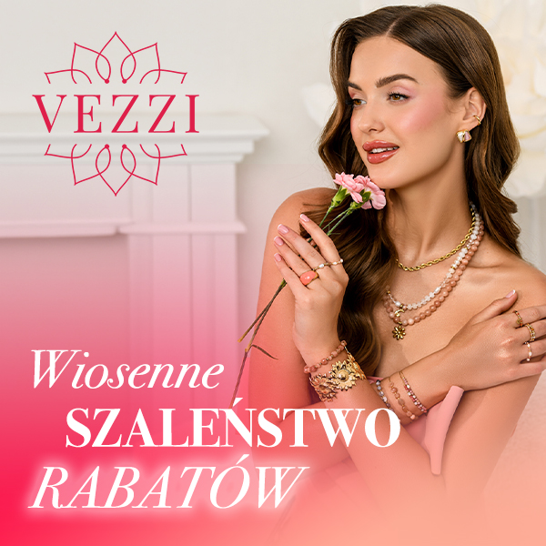 Kobieta z biżuterią trzymająca kwiat, napis Wiosenne Szaleństwo Rabatów.
