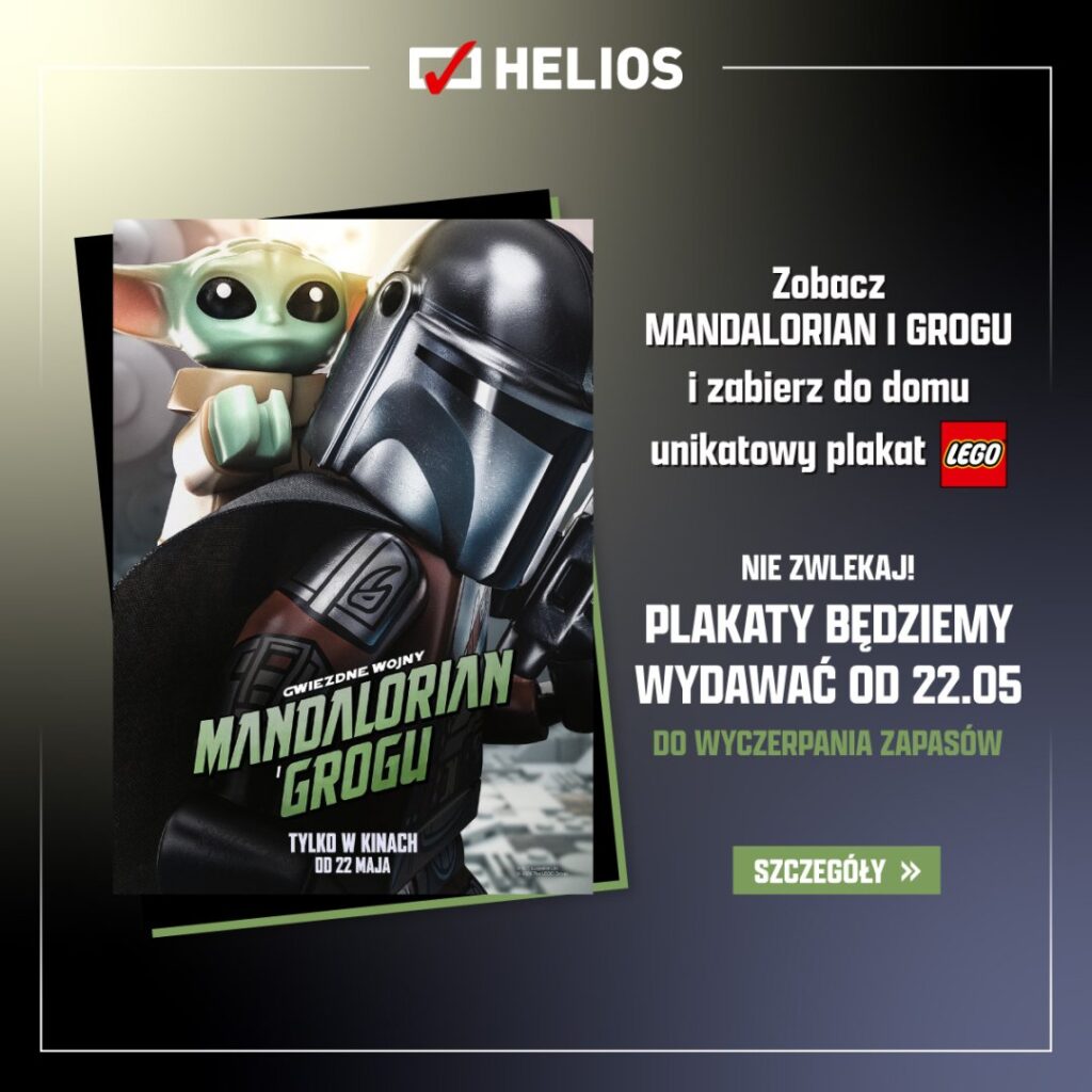Plakat z Mandalorianem i Grogu z filmu Gwiezdne Wojny.