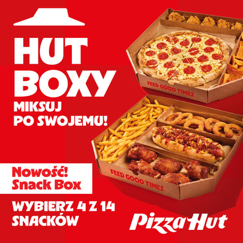 Dwa zestawy Hut Boxy z różnymi przekąskami od Pizza Hut.